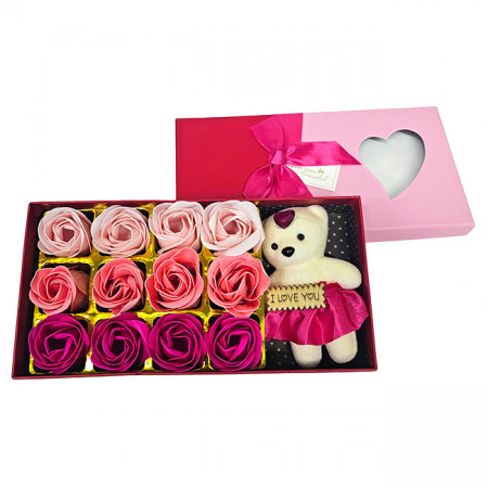 Cutie dreptunghiulara cu trandafiri de sapun si ursulet, 22x12cm, Roz