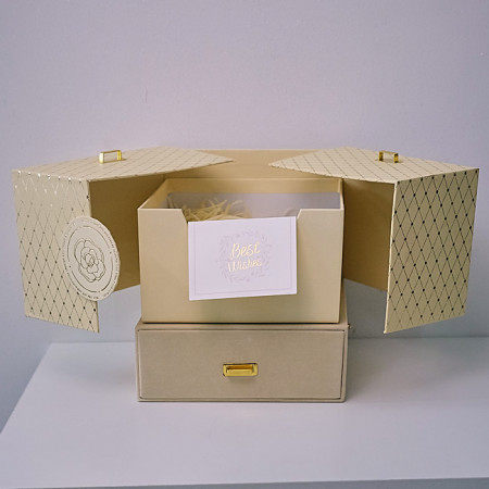 Cutie pentru cadouri, Message Card, din catifea cu compartiment tip sertar, Crem, 18,5x19x19,5 cm