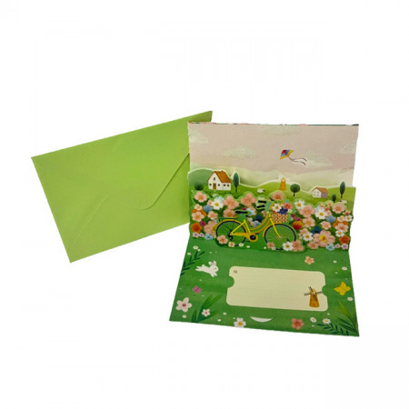 Felicitare Pop-Up de Primavara "Bicicleta cu cos plin de flori", cu plic inclus - 18 x 13 cm