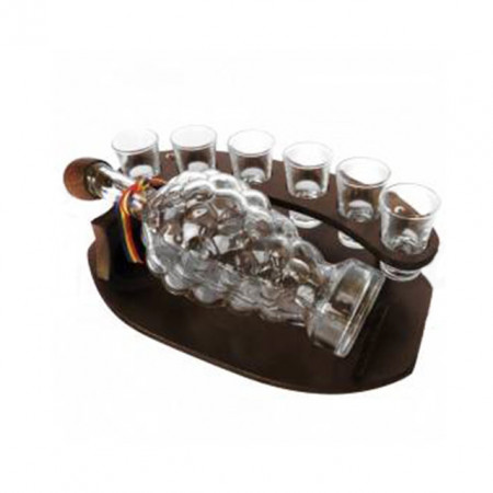 Minibar, suport din lemn in forma de semiluna pentru bautura traditionala cu sticla si 6 pahare