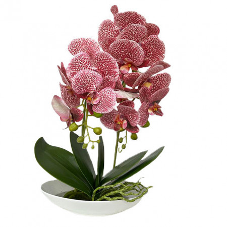 Orhideea aritificiala cu aspect natural in ghiveci ceramic, stil barcuta, roz pestrit