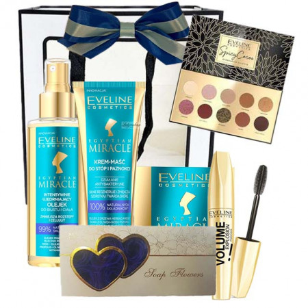 Pachet Bleuhold pentru femei, paleta de farduri Eveline, ulei pentru corp Eveline, crema pentru picioare Eveline, crema Egyptian pentru fata sau par, rimel Big Volume Explosion si cutiuta cu 10 trandafiri albastrii