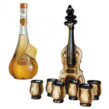 Pachet Minibar sinfonia pentru bautura traditionala, cu plosca in forma de vioara, 6 pahare din ceramica si Grappa Bottega Fume
