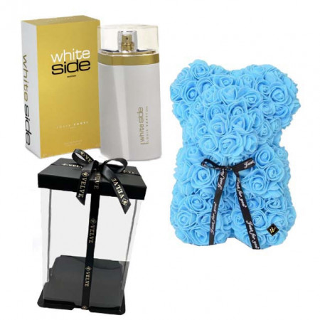 Set cadou fete, Ursulet floral albastru din spuma 25 cm si Parfum Louis Varel White Side Women 100 ml