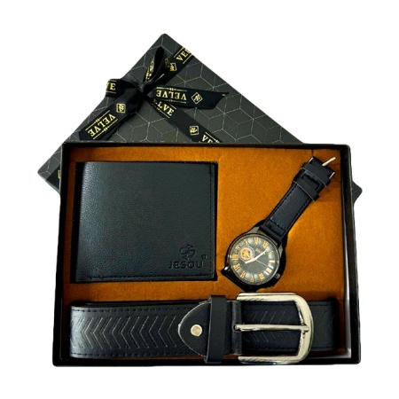 Set cadou pentru barbati JESOU COLLECTION, cutie cu portofel, ceas si curea din piele ecologica, 24x18x4, Negru