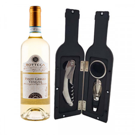Set cadou pentru barbati VLV, caseta eleganta in forma de sticla cu 3 accesorii pentru sticla cu vin si Bottega Pinot DOC, 23.5 cm