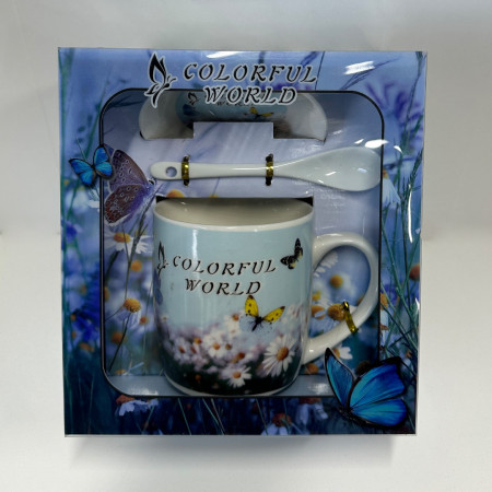 Set cana din ceramica pentru ceai, Energy Mug, 300ml, cu lingurita si farfurie din ceramica, imprimata floral, in cutie eleganta, Colorful World