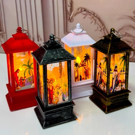 Set patru decoratiuni in forma de felinar cu led, lumina calda si motive religioase