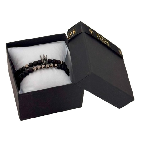 Set Royal pentru barbati, doua bratari cu pietre semipretioase si cristale zirconiu, ambalate in cutie neagra cu pernuta, Negru/Silver