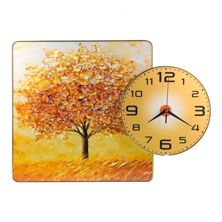 Tablou practic din lemn MDF si cristale, cu ceas analog, Time Tree, Toamna Portocalie, 54X39 cm - Img 1
