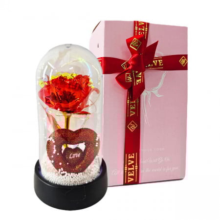 Trandafir artizanal cu LED, in cupola, cu design tematic "Always in Love" si detalii decorative, Rosu, 8X14