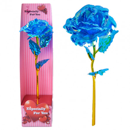 Trandafir artizanal cu tulpina aurie, in cutie, Albastru, 28cm