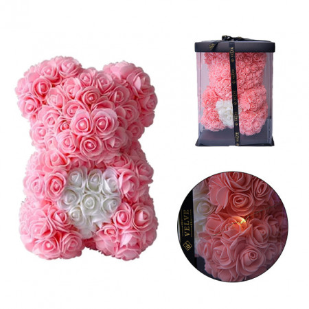 Ursulet floral 30 cm, cu LED-uri luminoase, din trandafiri, spuma roz pudrat inima alba, in cutie cadou