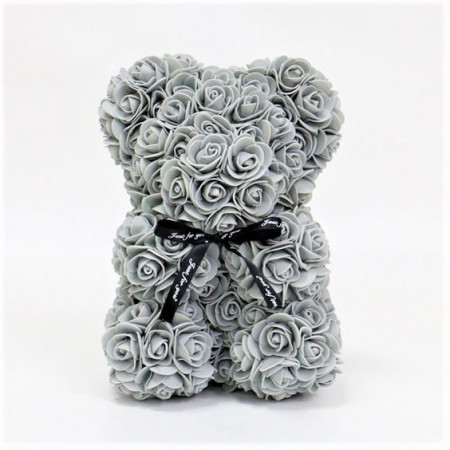 Ursulet floral gri din Trandafiri 25 cm, decorat manual, cutie cadou
