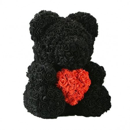 Ursulet floral negru cu inima rosie din Trandafiri 40 cm, decorat manual, cutie cadou