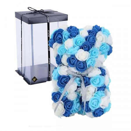 Ursulet Floral Triple color din Trandafiri spuma in cutie cadou, 25 cm, blue-albastru-alb