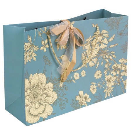 Ambalaj pentru cadouri de tip punga, aspect floral, cu snur si panglica satinata, Turquoaz, 36 x 12 x 24 cm
