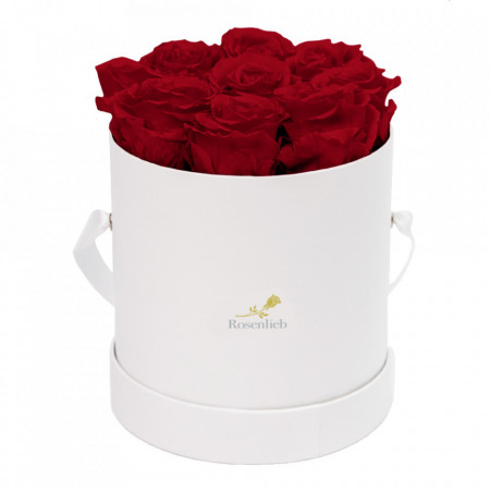 Aranjament floral cu 9 trandafiri de sapun, in cutie alba rotunda, rosu