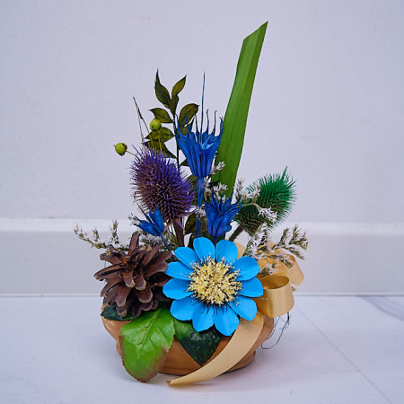 Aranjament floral in ghiveci, din flori uscate, albastru, 27cm