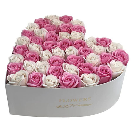 Aranjament floral Miracle Love cutie inima cu trandafiri sapun, Alb-roz