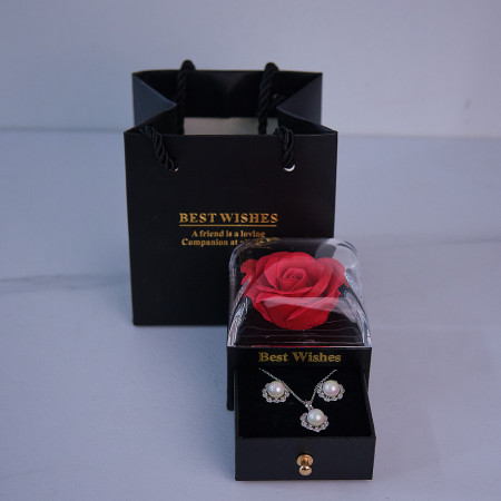 Cutie eleganta cu sertar, Best Wishes, trandafir de sapun si set inoxidabil cu cercei, lantisor si pandantiv, Negru