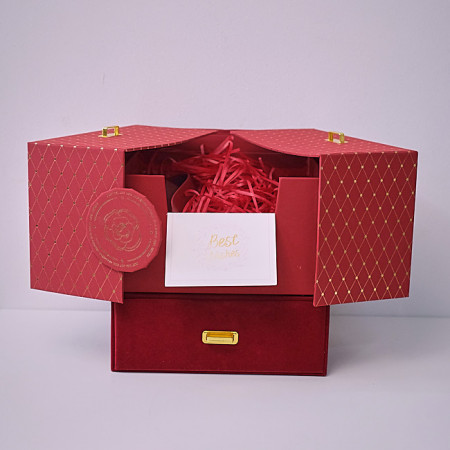 Cutie pentru cadouri, Message Card, din catifea cu compartiment tip sertar, Rosu, 18,5x19x19,5 cm