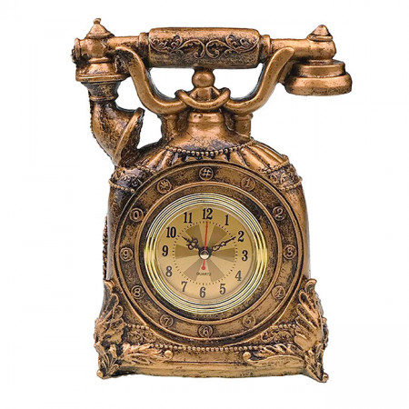 Decoratiune ceas de masa in forma de telefon vintage, din rasina, Aramiu, 19x25cm