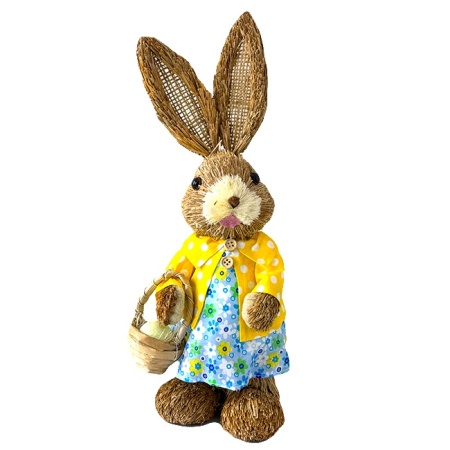 Decoratiune cu tematica de primavara, iepuras in rochie inflorata si cosulet, 37cm