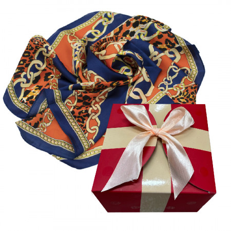 Esarfa de dama, din matase satinata, in cutie cadou, Tiger Chain, Albastru, 70x70 cm