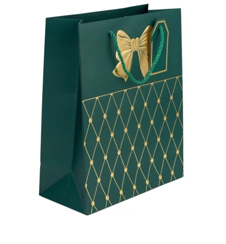 Set 10 pungi pentru cadou, cu maner rezistent, verde cu funda aurie, 12x7x15 cm