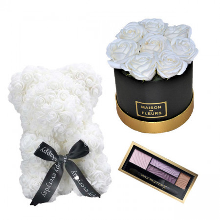 Set Cadou, Aranjament floral cutie rotunda neagra cu trandafiri albi de sapun, Ursulet floral Alb 25cm si Paleta fard