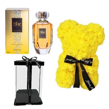 Set cadou fete, Ursulet floral din spuma, galben 25 cm si Parfum Louis Varel She 100 ml