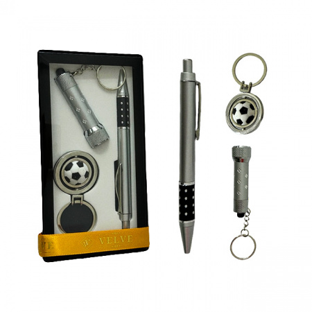Set cadou pentru barbati, 3 piese, laser, pix si breloc metalic, Argintiu