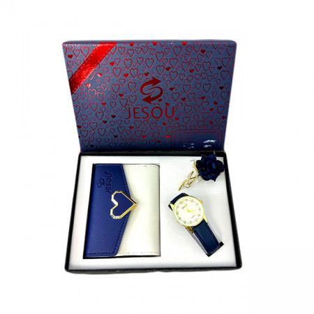 Set cadou pentru femei JESOU COLLECTION, cutie cu trei articole practice, ceas dama, portofel si brosa 20x15cm, Alb-Albastru