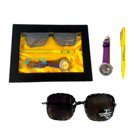 Set cadou pentru femei MATTEO FERARI, cutie cu trei articole practice, ceas dama, ochelari de soare si pix 20.5x15cm, Violet