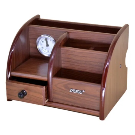 Suport Lemn Accesorii Birou, cu 5 compartimente, sertar si Ceas Analog, 20x14x13,5 cm