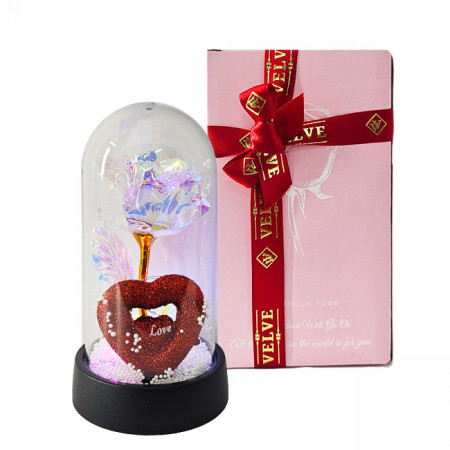 Trandafir artizanal cu LED, in cupola, cu design tematic "Always in Love" si detalii decorative, Alb, 8X14