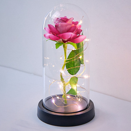 Trandafir artizanal in cupola, pe blat negru, LED, Roz
