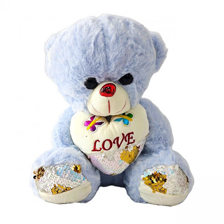Ursulet de plus BUBU, cu inimioara, sunete de iubire si imprimeu , inaltime 28 cm, Blue