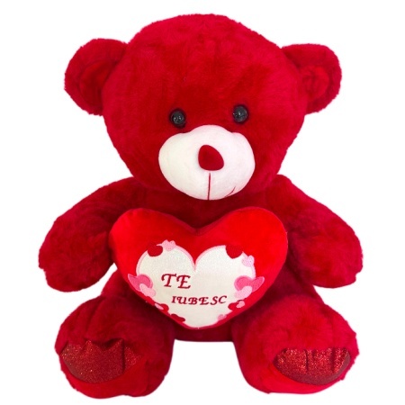 Ursulet de plus Candy cu inimioara imprimata cu textul "Te iubesc", Inaltime 25 cm, Rosu-Alb