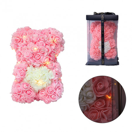 Ursulet floral 25cm, cu LED-uri luminoase, din trandafiri spuma roz pudrat cu inima rosie, in cutie cadou