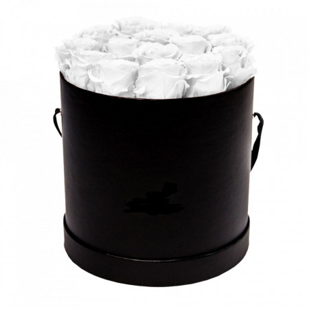 Aranjament floral cu 15 trandafiri de sapun, in cutie neagra rotunda Alb
