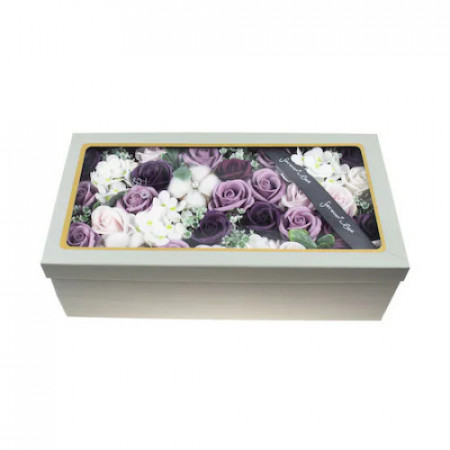 Aranjament Floral Cutie dreptunghiulara cu trandafiri de sapun, hortensii si flori de bumbac, mov