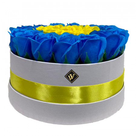 Aranjament floral in doua culori, cutie rotunda cu 23 trandafiri sapun, blue-galben