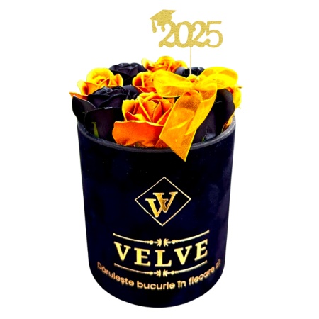 Aranjament floral pentru absolvire VLV, cu 9 trandafiri de sapun, in cutie neagra si catifea, Gold-Negru - Img 1
