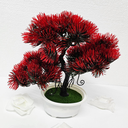 Bonsai decorativ artificial, colorat, in ghiveci miniatural, Pin Desire, Rosu, Inaltime 25 cm