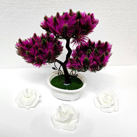 Bonsai decorativ artificial, in ghiveci miniatural, Flowering Cones, Fucsia, Inaltime 13 cm