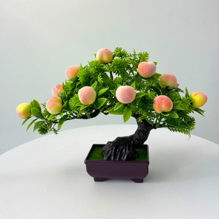 Bonsai decorativ artificial, in ghiveci miniatural, Fruit Tree, Piersica, Inaltime 25 cm