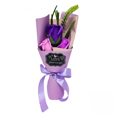 Buchet Forever Love cu 3 trandafiri de sapun in cutie cadou, Mov 25.5X10 cm