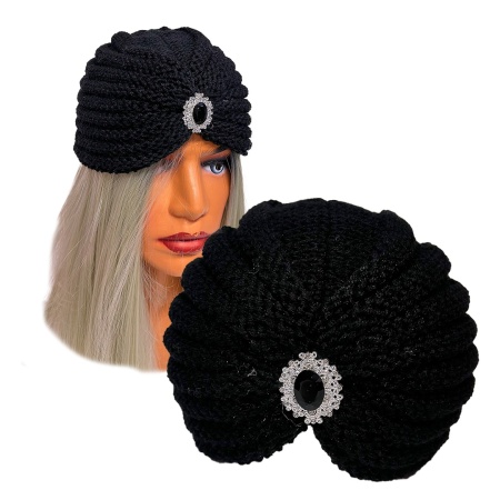 Caciula dama tip turban, NIDEH, cu brosa si textura tricotata, Negru